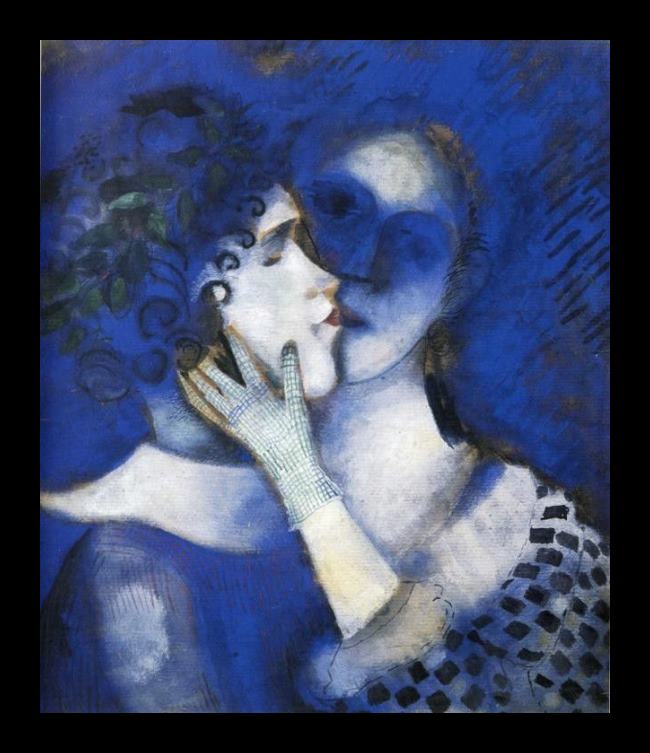 Framed Marc Chagall blue lovers painting