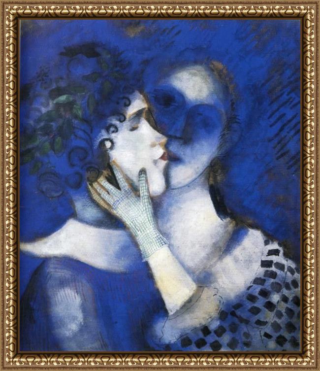 Framed Marc Chagall blue lovers painting