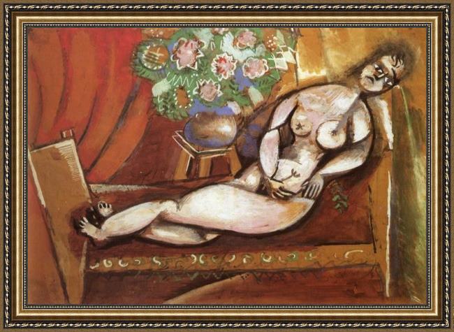 Framed Marc Chagall reclining nude painting