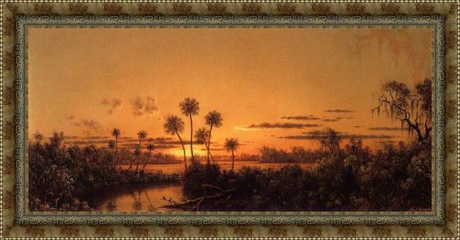 Framed Martin Johnson Heade florida river scene, early evening, after sunset painting