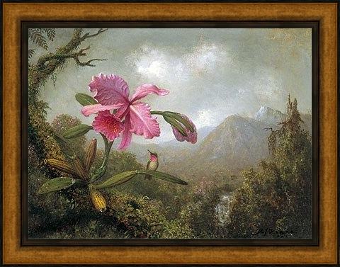 Framed Martin Johnson Heade orchid and hummingbird near mountain waterfall painting