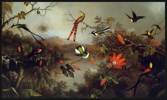 Framed Martin Johnson Heade tropical landscape with ten hummingbirds painting