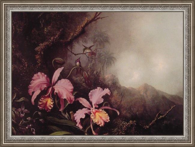Framed Martin Johnson Heade two orchids in a mountain landscape painting