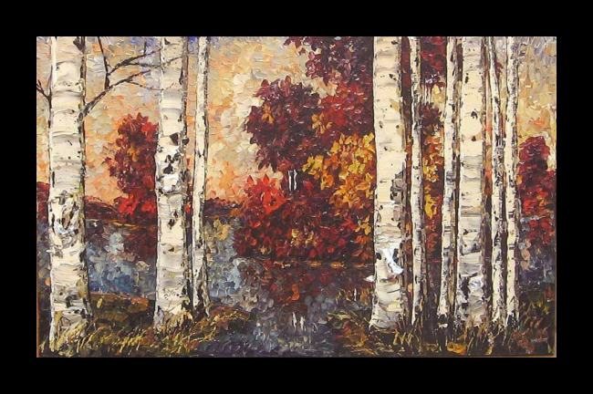Framed Maya Eventov lakeside birches painting