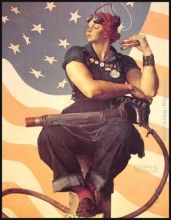 Framed Norman Rockwell rosie the riveter painting