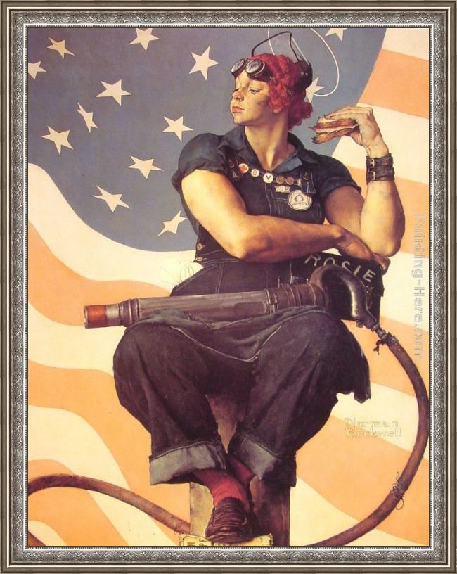 Framed Norman Rockwell rosie the riveter painting