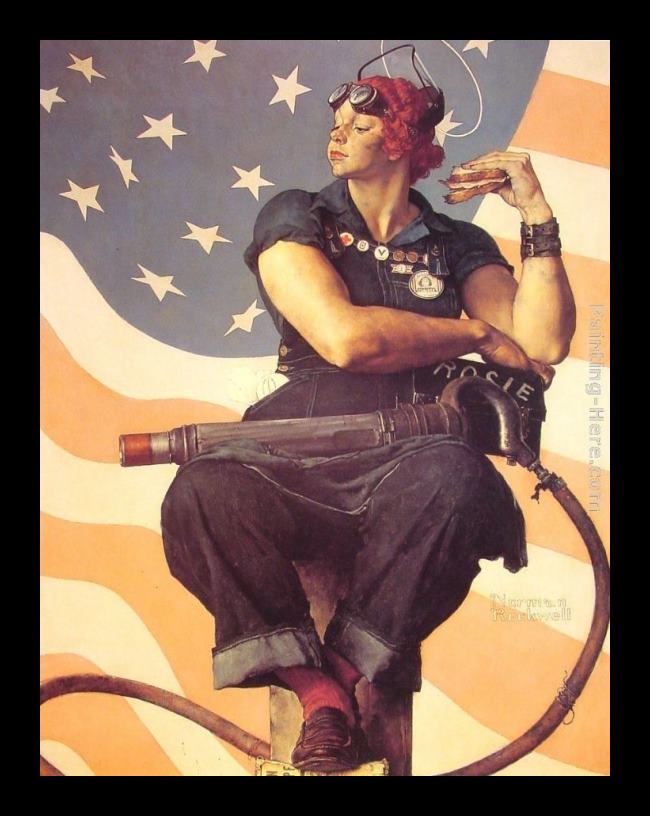 Framed Norman Rockwell rosie the riveter painting