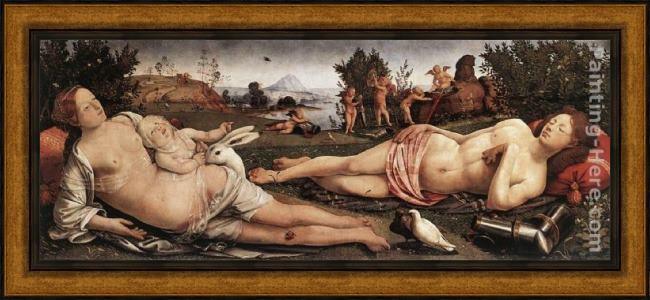 Framed Piero di Cosimo venus, mars, and cupid painting
