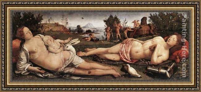 Framed Piero di Cosimo venus, mars, and cupid painting