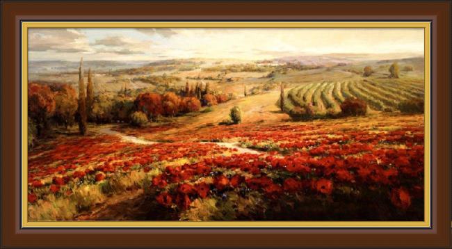 Framed Roberto Lombardi red poppy panorama painting