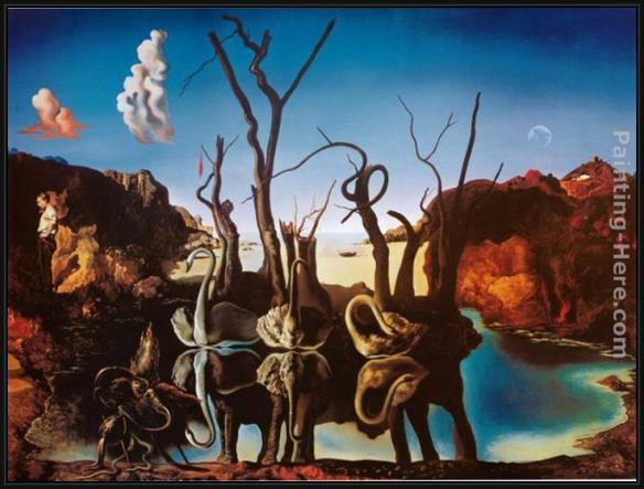 Framed Salvador Dali swans reflecting elephants painting