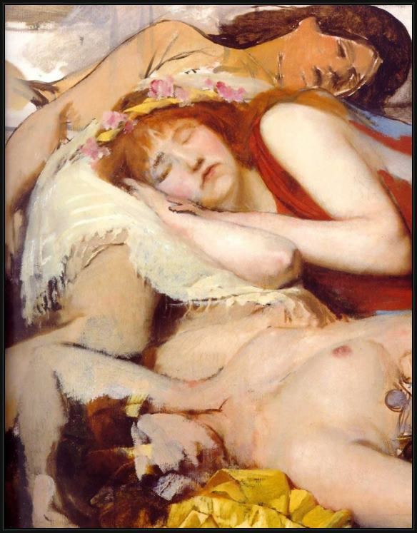 Framed Sir Lawrence Alma-Tadema exhausted maenides after the dance painting