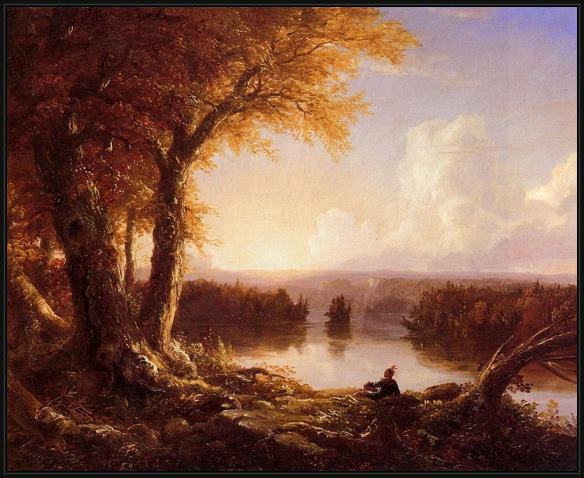 Framed Thomas Cole indian at sunset painting