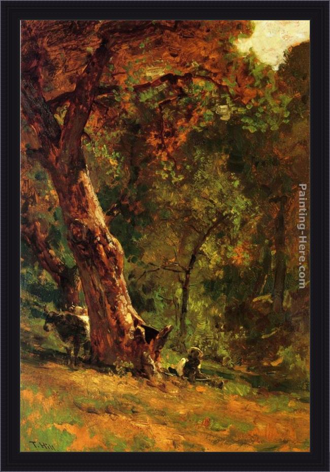 Framed Thomas Hill chinese man tending cattle painting