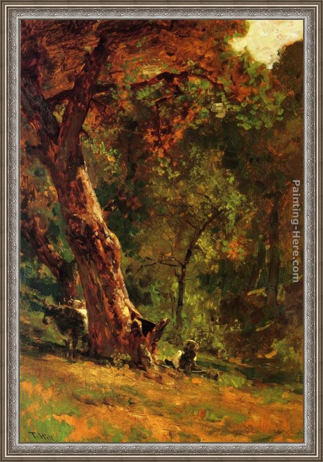 Framed Thomas Hill chinese man tending cattle painting