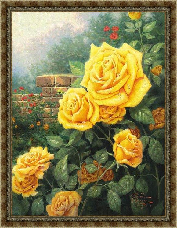 Framed Thomas Kinkade a perfect yellow rose painting