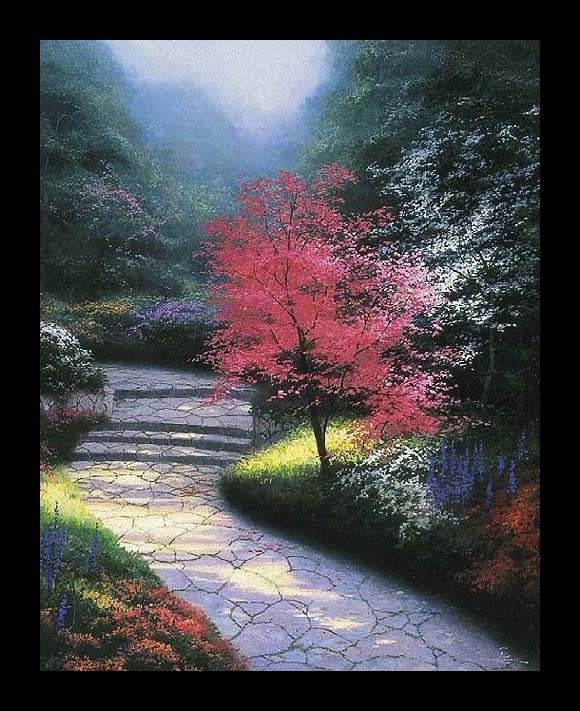 Framed Thomas Kinkade afternoon light dogwood painting