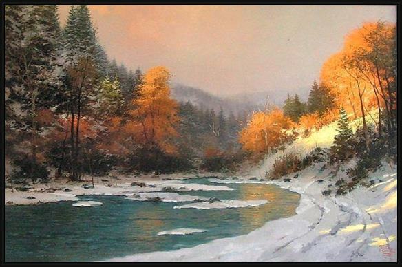 Framed Thomas Kinkade autumn snow painting