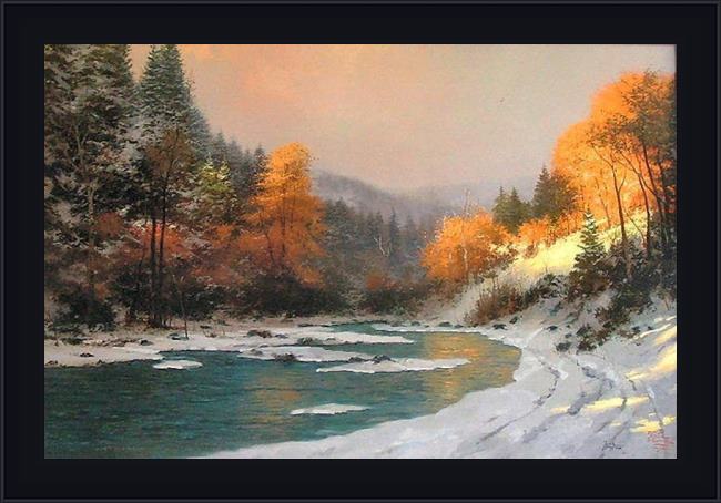 Framed Thomas Kinkade autumn snow painting