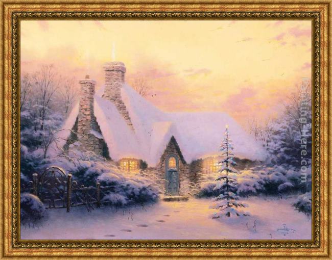 Framed Thomas Kinkade christmas tree cottage painting