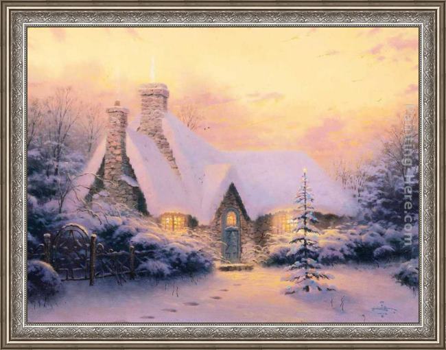 Framed Thomas Kinkade christmas tree cottage painting