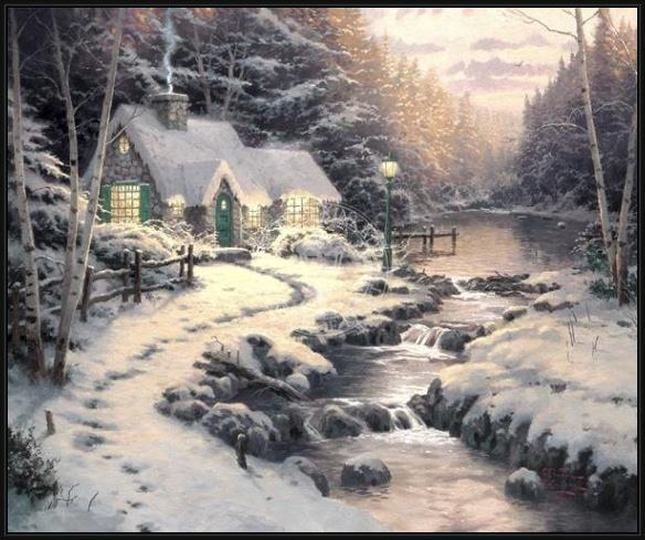 Framed Thomas Kinkade evening glow painting