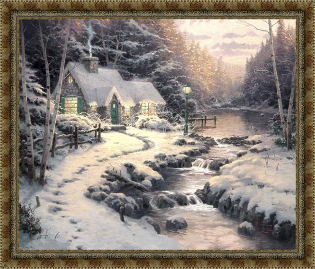 Framed Thomas Kinkade evening glow painting