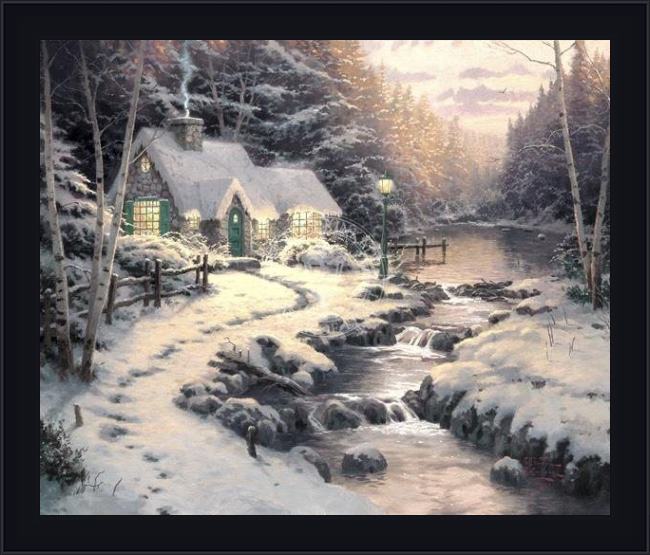 Framed Thomas Kinkade evening glow painting