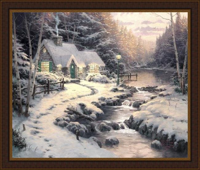 Framed Thomas Kinkade evening glow painting