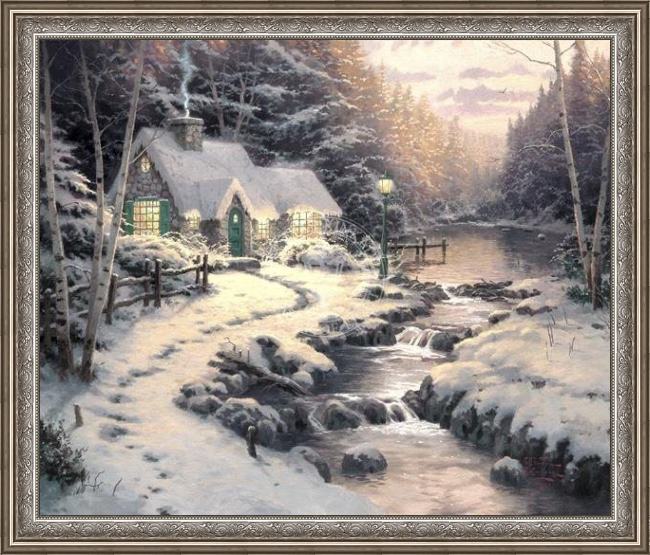 Framed Thomas Kinkade evening glow painting