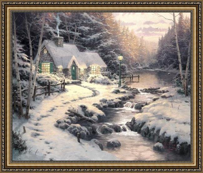 Framed Thomas Kinkade evening glow painting