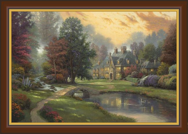 Framed Thomas Kinkade lakeside manor painting