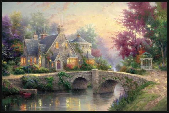 Framed Thomas Kinkade lamplight manor painting