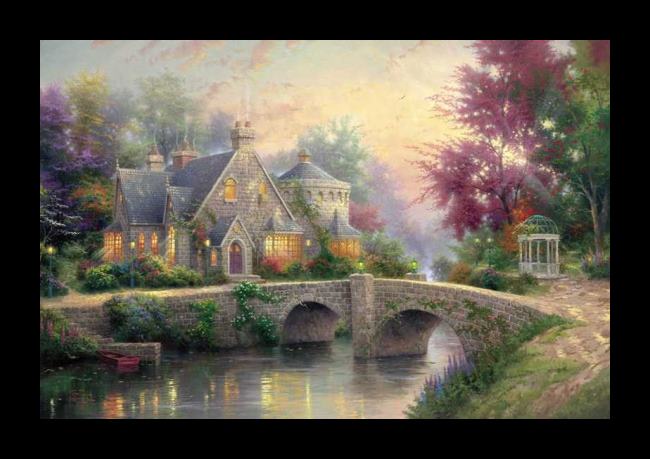 Framed Thomas Kinkade lamplight manor painting