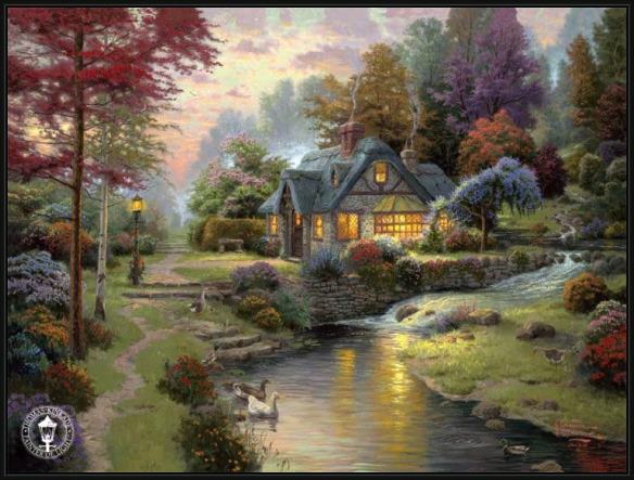 Framed Thomas Kinkade stillwater cottage painting