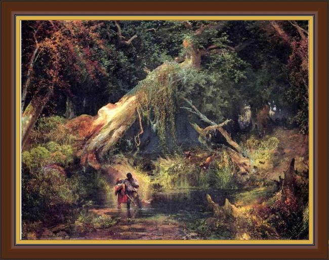 Framed Thomas Moran slave hunt, dismal swamp, virginia painting