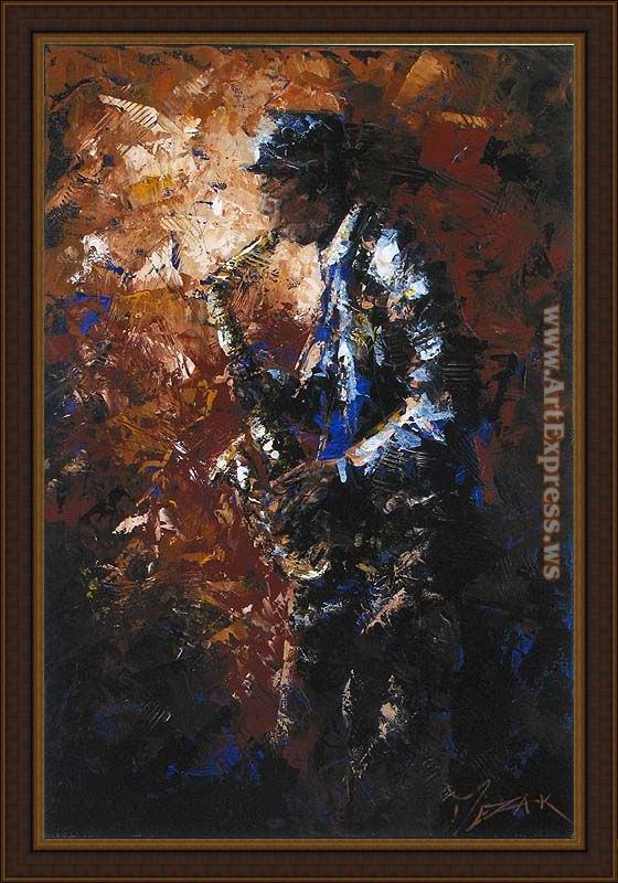 Framed Trevor Mezak blues player painting