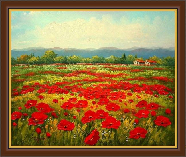 Framed Unknown poppy field painting