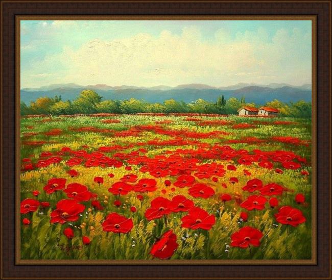 Framed Unknown poppy field painting