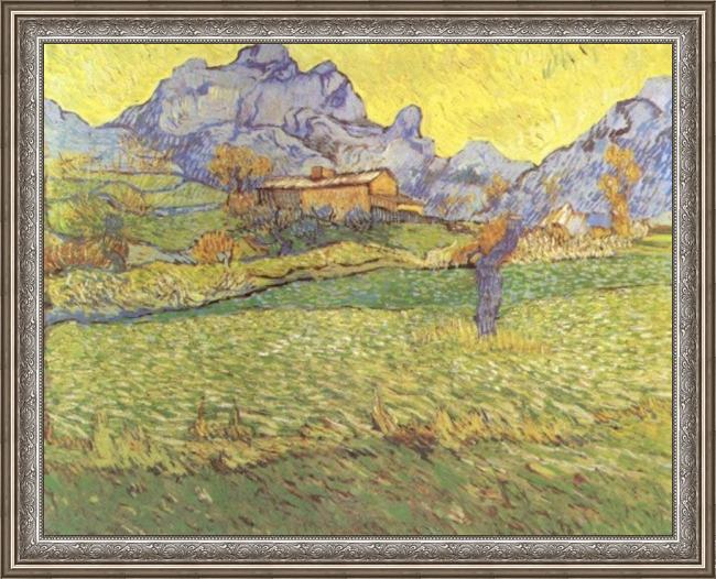 Framed Vincent van Gogh a meadow in the mountains painting