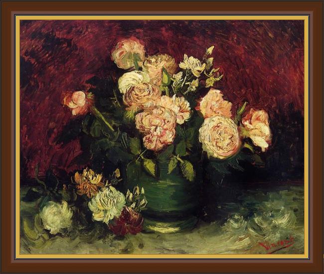Framed Vincent van Gogh bowl with peonies and roses painting