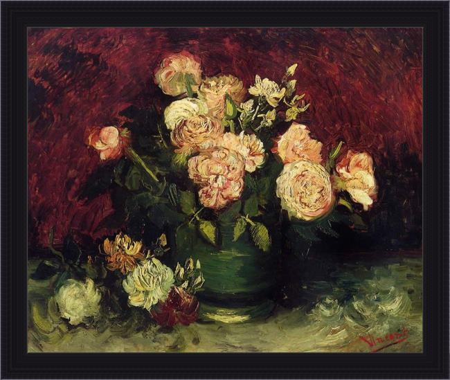 Framed Vincent van Gogh bowl with peonies and roses painting