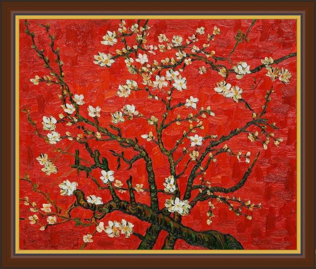Framed Vincent van Gogh branches of an almond tree in blossom in red painting