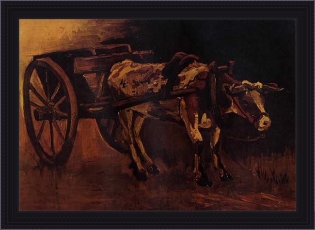 Framed Vincent van Gogh cart with red and white ox painting