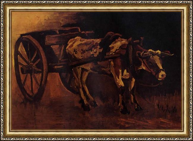 Framed Vincent van Gogh cart with red and white ox painting