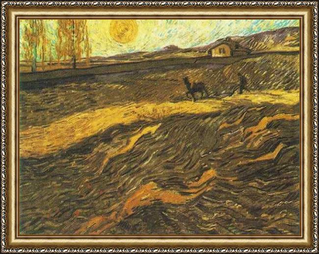 Framed Vincent van Gogh champ et laboureur 1889 painting