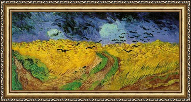 Framed Vincent van Gogh crows over a wheatfield painting