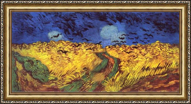 Framed Vincent van Gogh crows over wheat field painting
