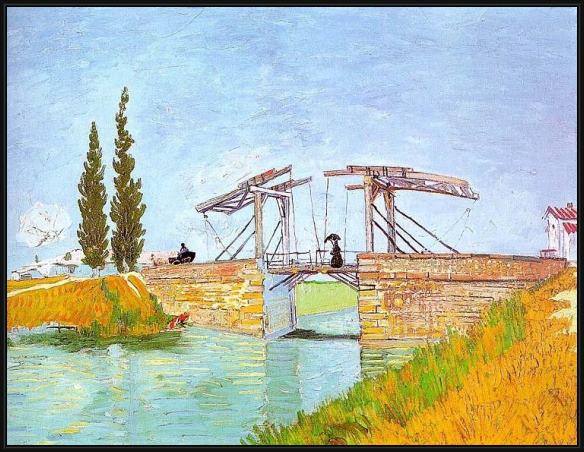 Framed Vincent van Gogh drawbridge with a lady with a parasol painting