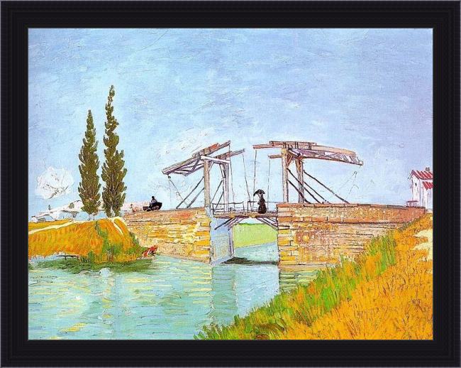 Framed Vincent van Gogh drawbridge with a lady with a parasol painting